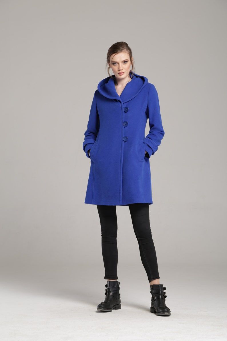 Royal Blue Women's Wool Coat With Hood Winter Etsy