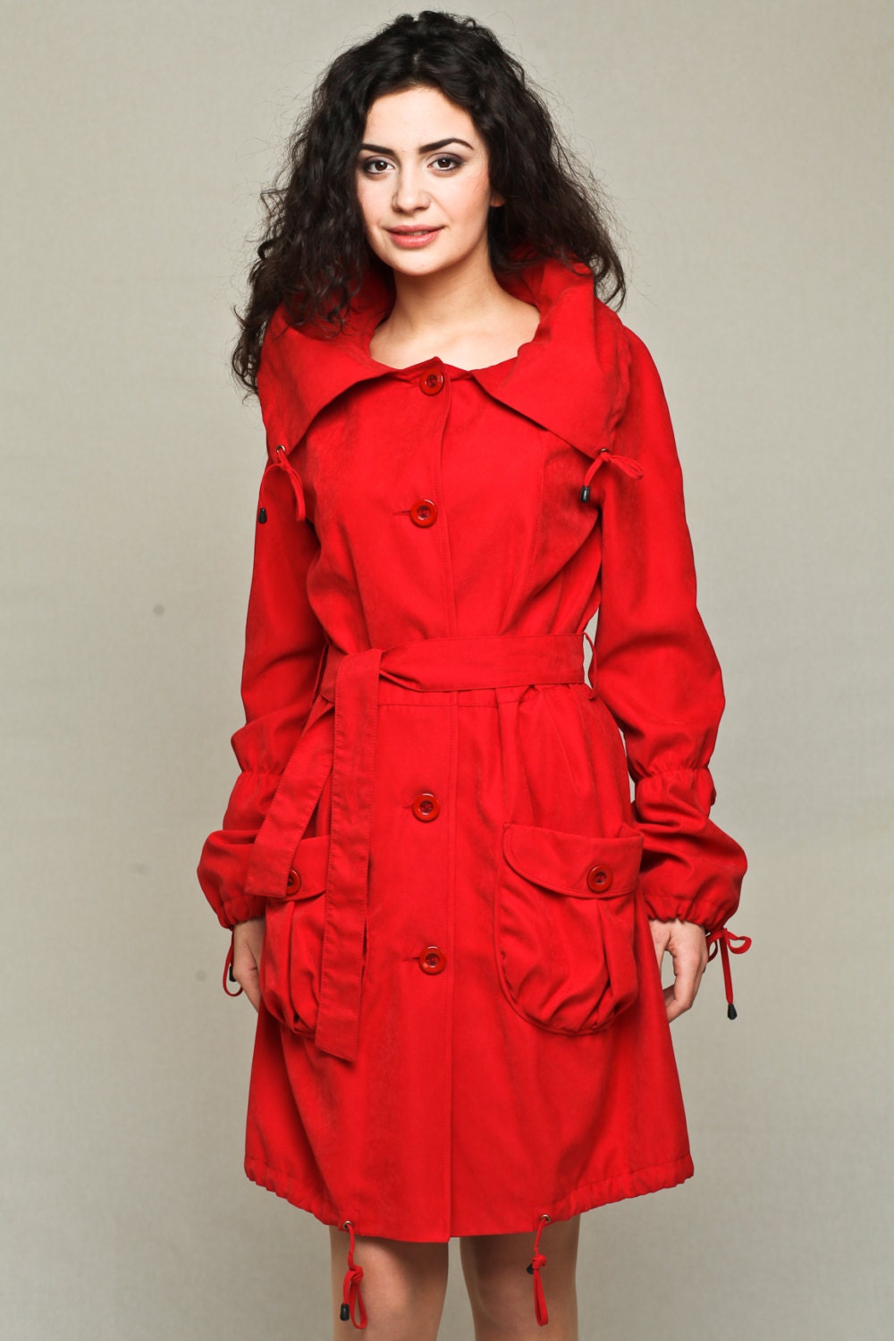 Red Women s Trench Coat With Drawstring Hem and Oversized