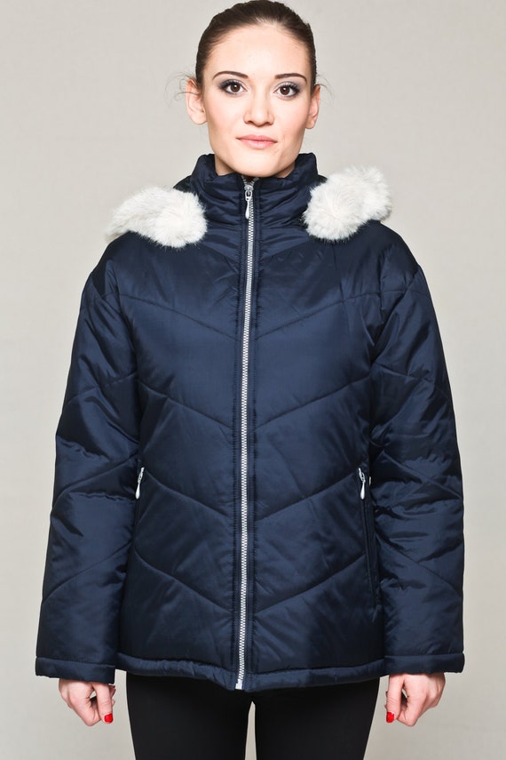 navy puffer jacket with fur hood