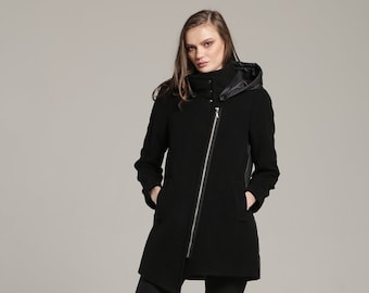 Women's Quilted Black Extra Warm Wool Coat with Detachable Hood , Extravagant Jacket with Side Pockets , Coat by VIEMA - V00620