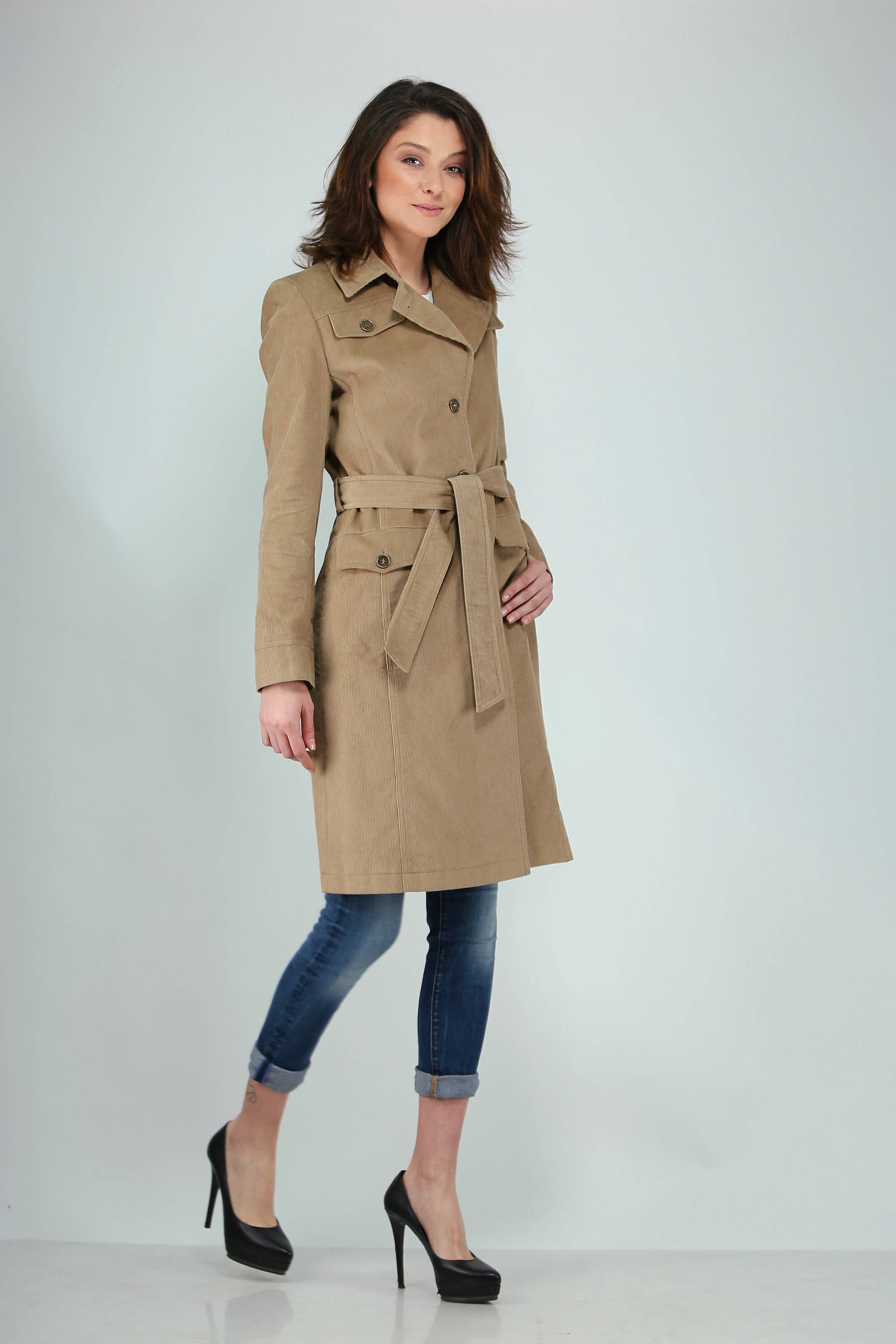 Elegant Corduroy Knee Length Coat With Belt , Women's Spring