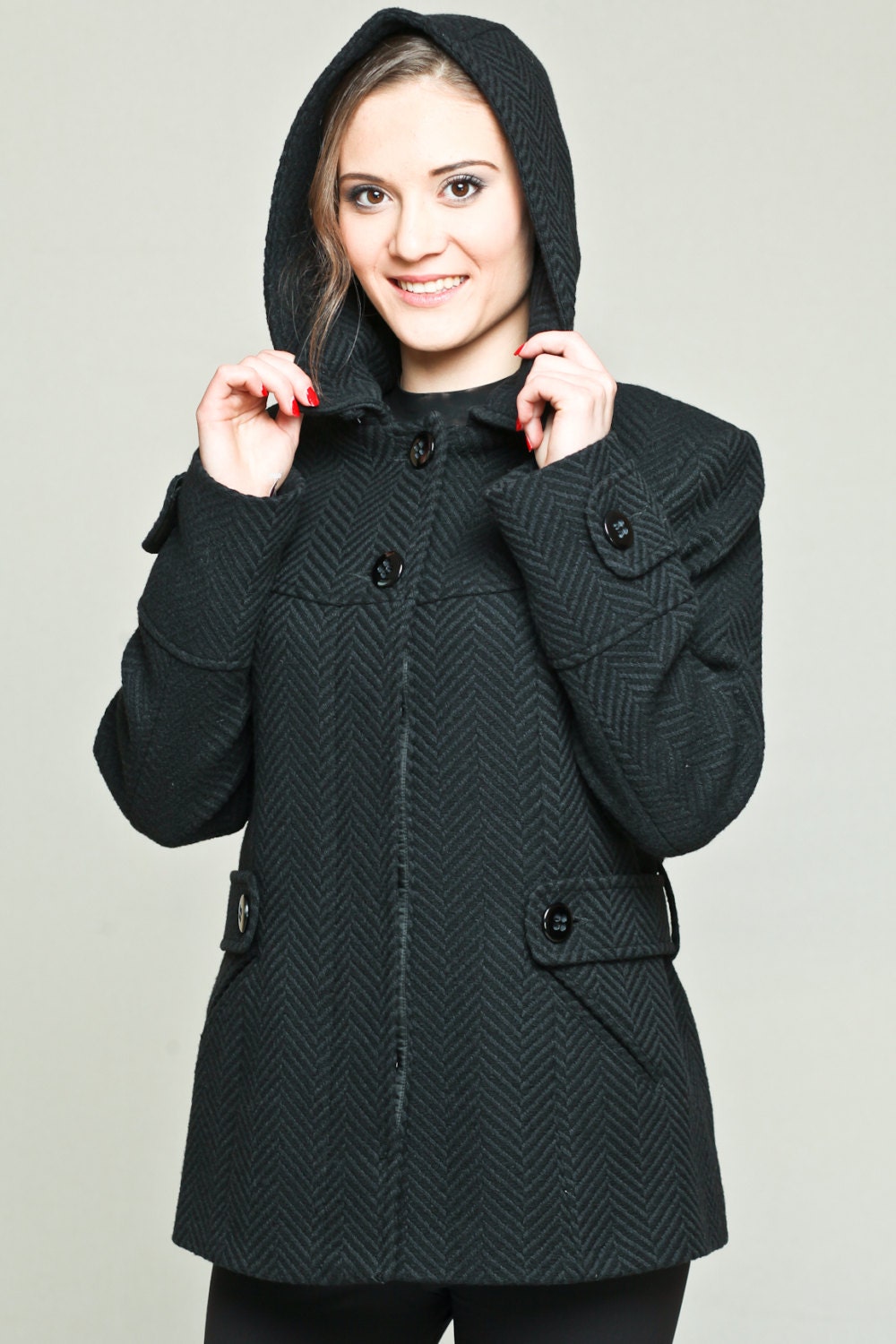 Hooded Wool Short Coat , Black Wool Jacket , Purple Coat