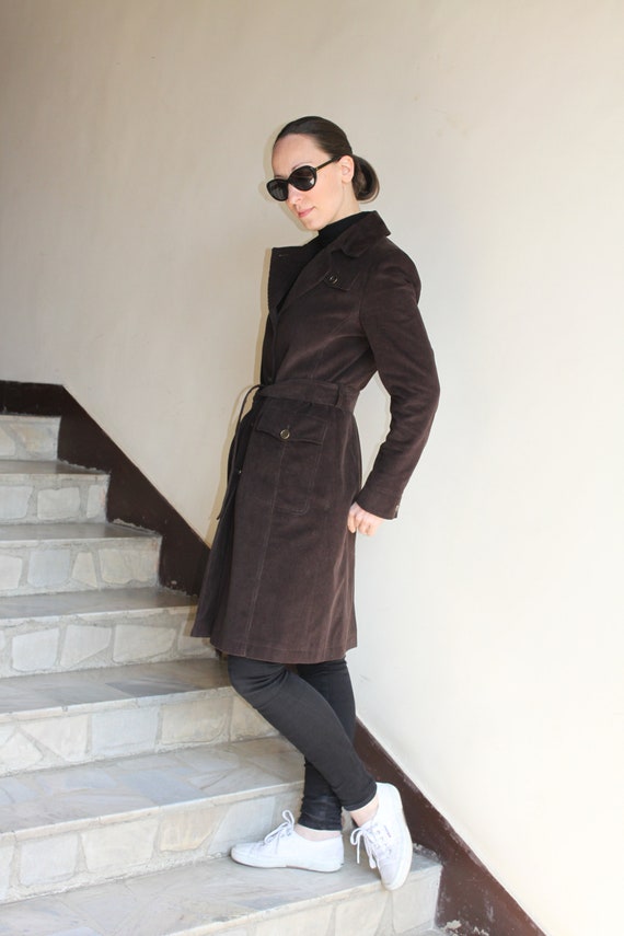 ジャケット・アウター i_am corduroy 2way midi coat Elegant Corduroy Knee Length Coat With Belt in Chocolate