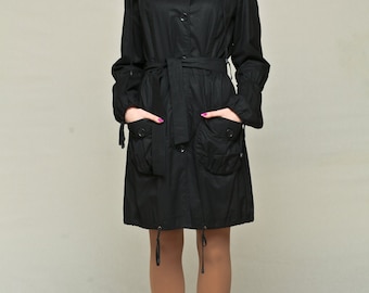 Contemporary Black Women's Trench Coat , Jacket with Drawstring Hem and Oversized Adjustable Collar , Women's Raincoat by VIEMA - V00250