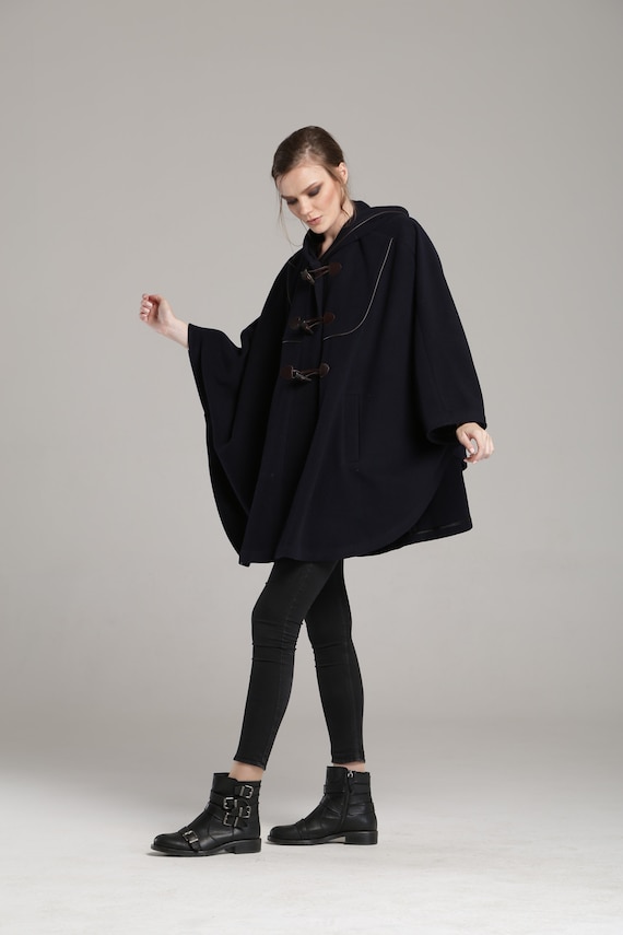 新着 ブラック フード付きケープコート、レディース ウール＆カシミア