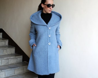 Blue Women's Wool Coat With Hood , Winter Women's Wool Hoodie  by VIEMA - V01390