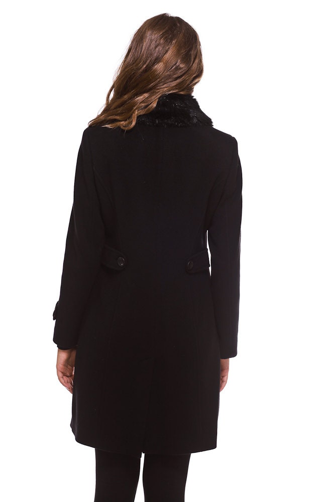 Womens Black Wool and Cashmere Coat With Detachable Faux Fur Collar ...