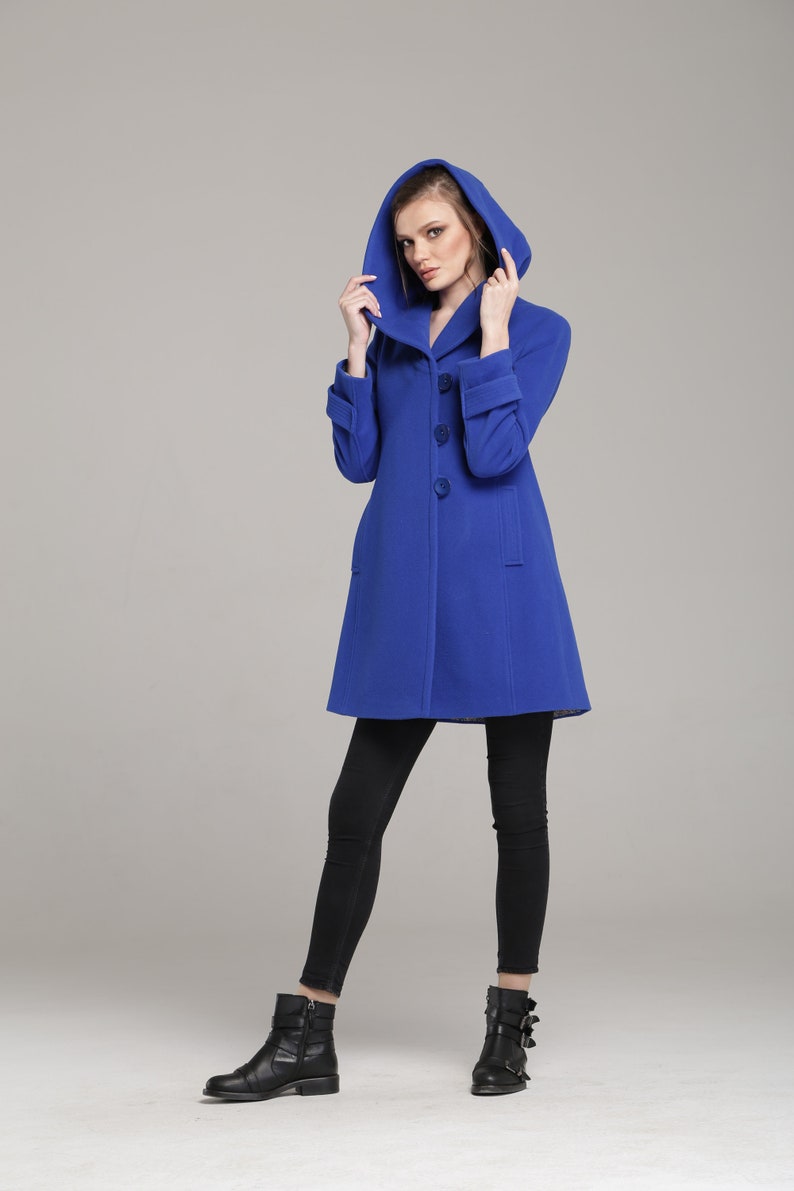 Royal Blue Women's Wool Coat With Hood Winter Etsy