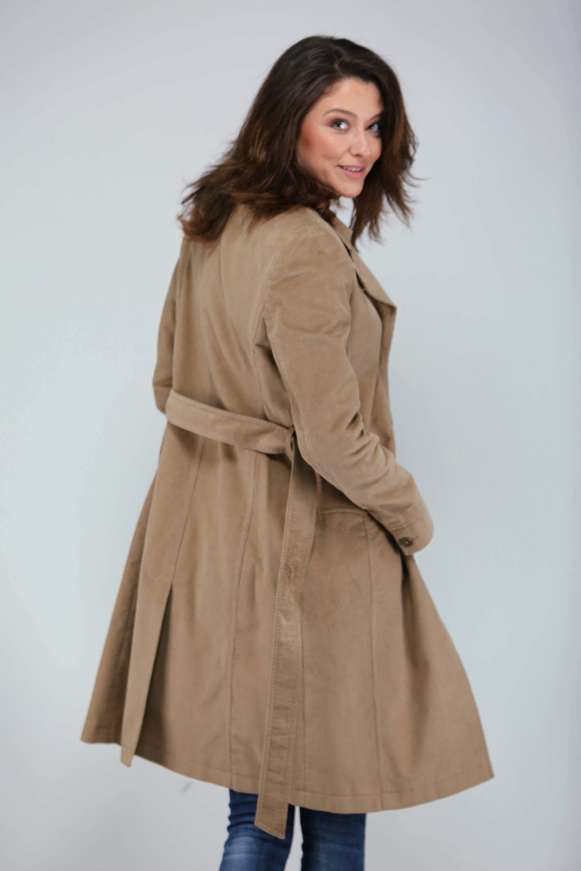 Elegant Corduroy Knee Length Coat With Belt , Women's Spring