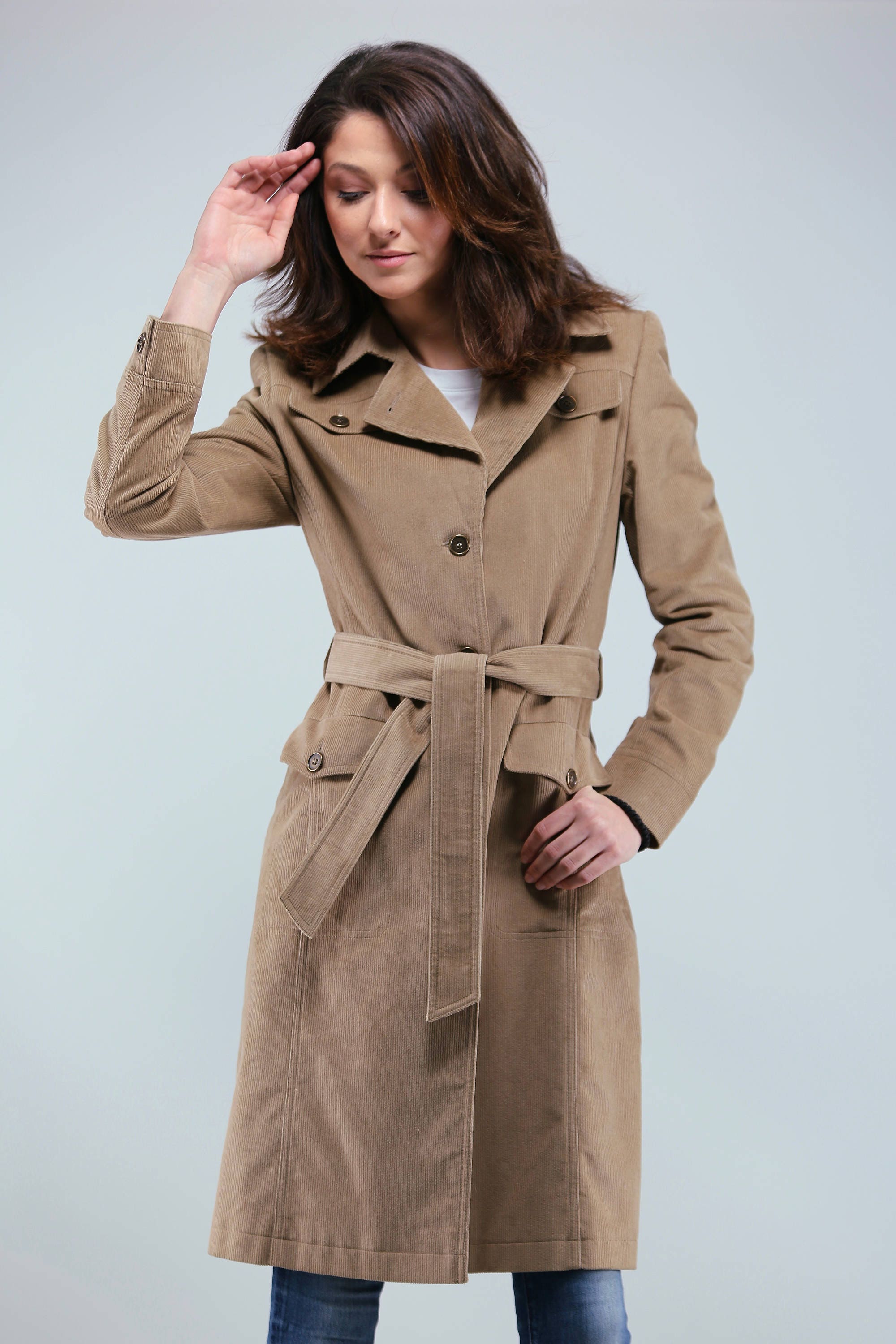 Elegant Corduroy Knee Length Coat With Belt , Women's Spring Jacket ...