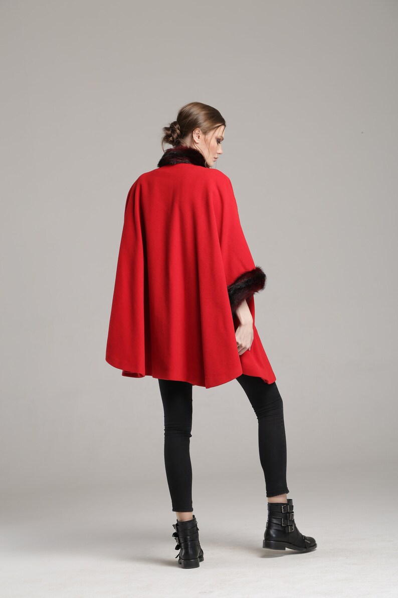Red Women's Cape Coat With Faux Fur Cuffs and Neck , Wool and Cashmere ...