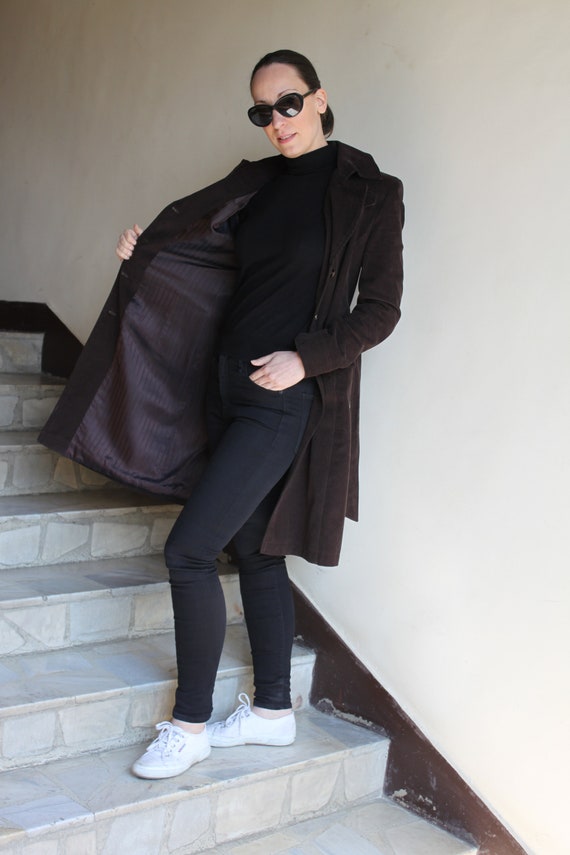 Elegant Corduroy Knee Length Coat With Belt in Chocolate