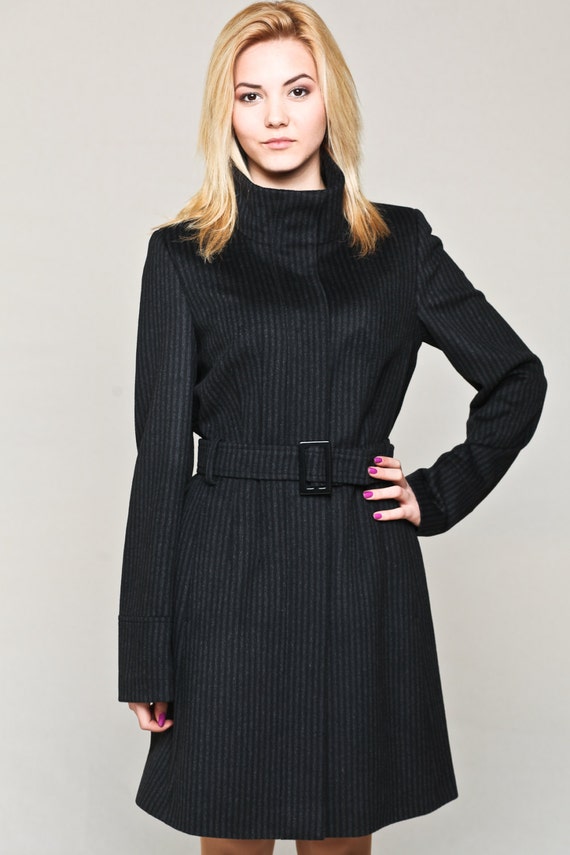 Funnel Neck Fitted Striped Wool and Cashmere Blend Coat With a