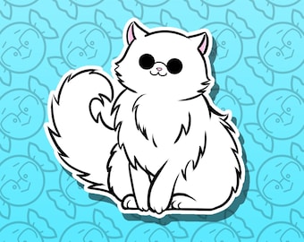 May include: A white fluffy cat with pink sunglasses sits on a blue background with a repeating pattern of white candy.