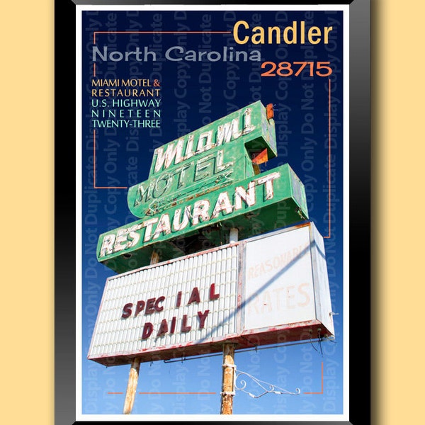 12 x 18 wall art: mid-century era neon sign of the Miami Motel in the Blue Ridge region near Asheville, North Carolina