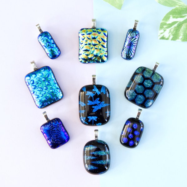 Bright Blue Dichroic Glass Pendants Turquoise Pendant Aqua Fused Glass Abstract Patterned Textured Necklace Blue Necklaces Blue Jewellery