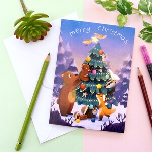 Carte de Noël animal mignon, carte de Noël animaux de la forêt, décoration d'arbre de Noël, carte illustrée, carte de joyeux Noël
