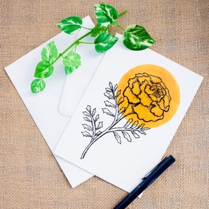 Oranje goudsbloem geïllustreerde wenskaart Minimalistische bloemenkaart Elegante grafische goudsbloem Wenskaart Moederdagkaart Verjaardagskaart