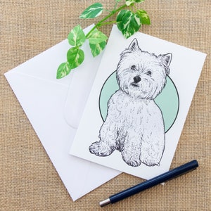 West Highland Terrier-wenskaart Westie-kaart Leuke hondkaart Geïllustreerde kaart Groene hondenkaart Westie Hondenfoto hond verjaardagskaart