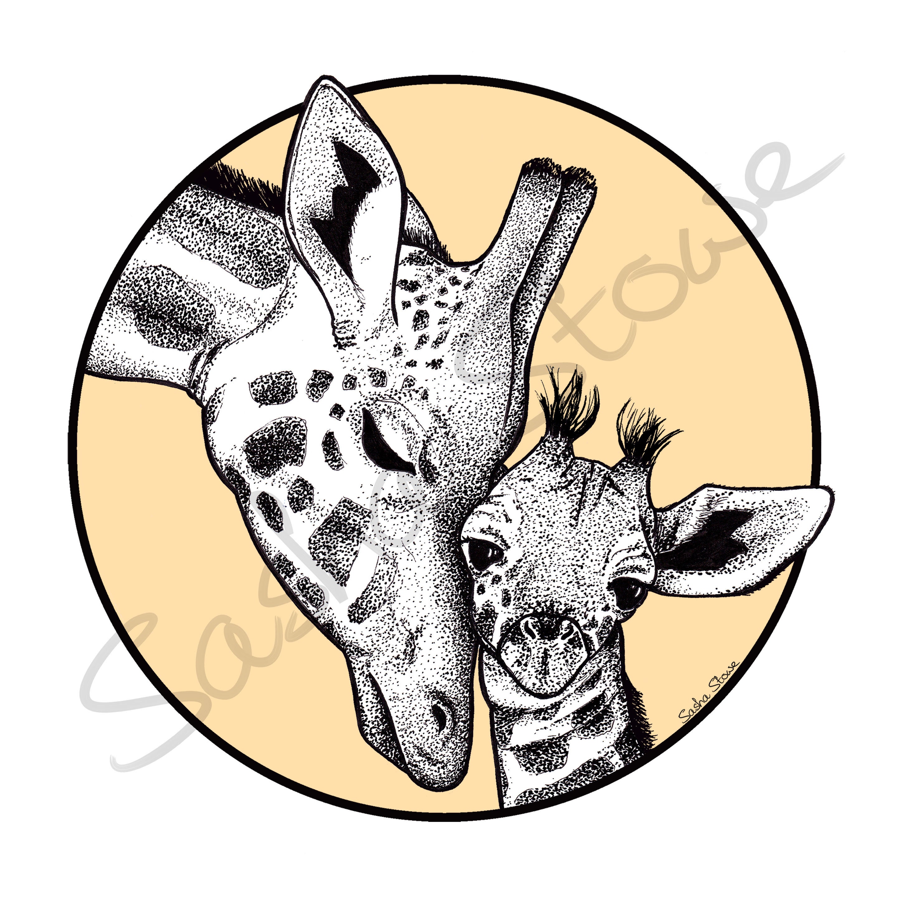 Mother and Baby Giraffe Pen and Ink Illustration Giraffe Art Etsy