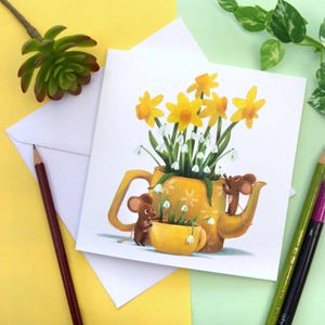 Tee und Frühling Blanko Grußkarten Maus Narzisse Muttertagskarte Schneeglöckchen Karte Tee Liebhaber Karte Niedliche illustrierte Karte Geschenk