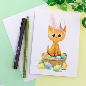 Tarjeta de Pascua con gato Tarjeta de felicitación con gato pelirrojo Linda tarjeta de Pascua Huevos de Pascua coloridos Tarjeta de Ostara Tarjeta de felicitación de primavera Regalo de Pascua