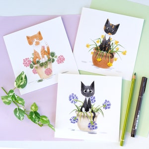 Cartes de voeux Chats dans des pots Carte de chat Carte d'anniversaire de chat Carte de chat noir Carte de chat noir Carte de chat gingembre Cartes de fleurs Chats mignons