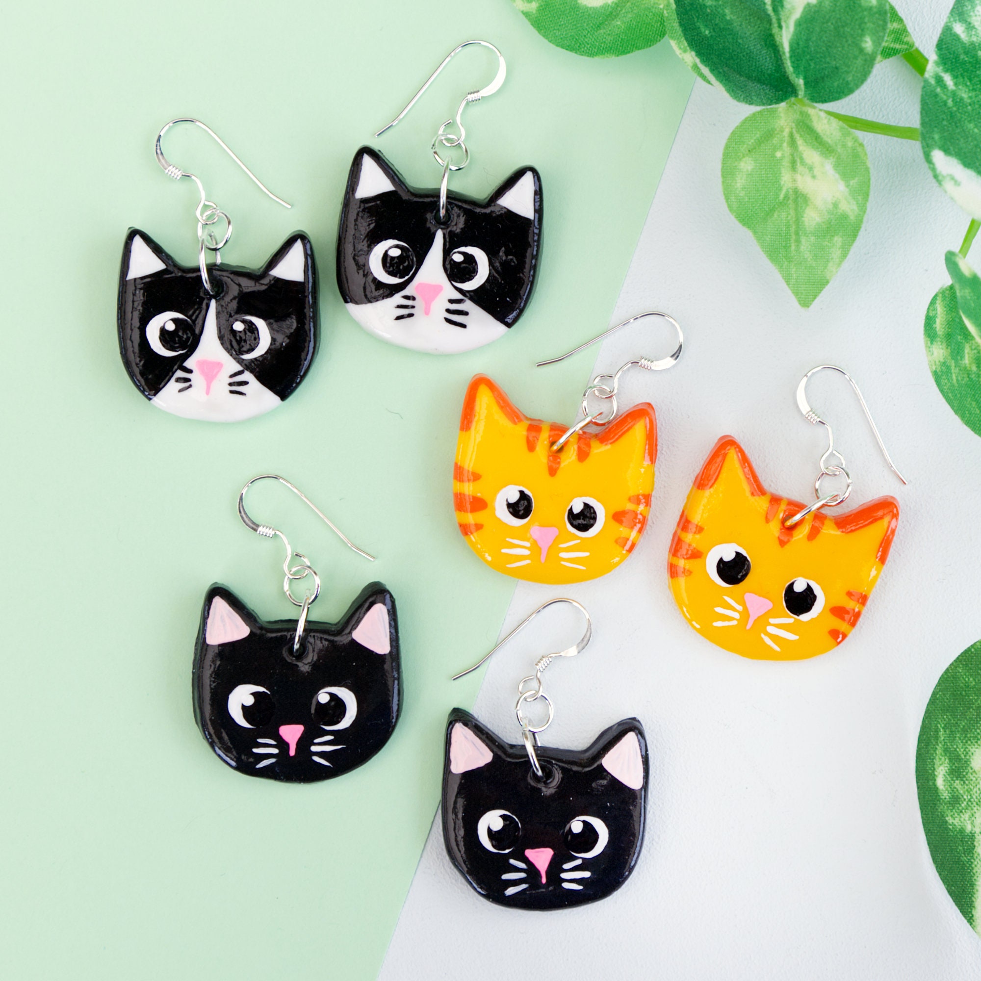 Black White and Ginger Cat Clay Painted Earrings Kawaii Jewellery Polymer Clay Kitten Earrings Cat Earrings Kawaii Jewelry Cute Animal Gift Etsy