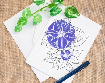 Carte de voeux illustrée de fleur de clématite violette Carte minimaliste Carte de voeux graphique élégante de clématite Carte d'anniversaire Fête des Mères