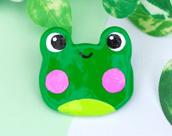 Bright Green Frog Polymer Clay Pin Badge Green and Pink Froggy Kawaii Frog Badge Frog Brooch Handmade Pin Badge Cute Adorable Frog Gift