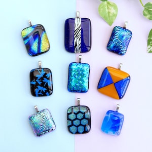 Bright Blue Dichroic Glass Pendants Turquoise Pendant Aqua Fused Glass Abstract Patterned Textured Necklace Blue Necklaces Blue Jewellery