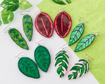 Calathea Leaf Dangly Earrings Houseplant Earrings Clay Painted Drop Earrings Tropical Leaf Jewellery Jewelry Plant Lover Gift Calathea Plant