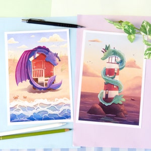 眠れるドラゴンのアートプリント 灯台のドラゴンのイラストプリント ビーチハットのドラゴン ウォールアート ドラゴン年の贈り物 ファンタジーアート