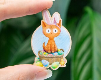 Easter Ginger Bunny Cat Easter Egg Wooden Pin Badge Springtime Badge Stocking Filler End of Term Gift for Teachers Little Easter Present