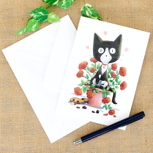 Cartão de aniversário de dia dos namorados, cartão de felicitações de rosas vermelhas, cartão de aniversário de dia dos namorados, cartão de gato preto e branco, cartão romântico