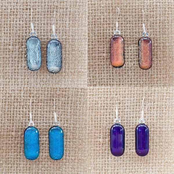 Colourful Dichroic Glass Drop Earrings dangly earrings fused silver salmon pink light blue purple colorful brightly coloured Valentine's Day