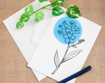 Carte de voeux illustrée bleu clair avec fleurs myosotis Carte de voeux floral minimaliste Carte de voeux graphique élégante Carte d'anniversaire Fête des Mères