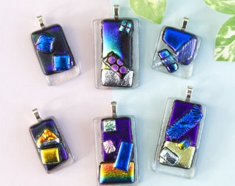 Blue and Purple Tack Fused Textured Dichroic Glass Pendants Colourful Glass Abstract Patterned Textured Necklace Multicoloured Jewellery