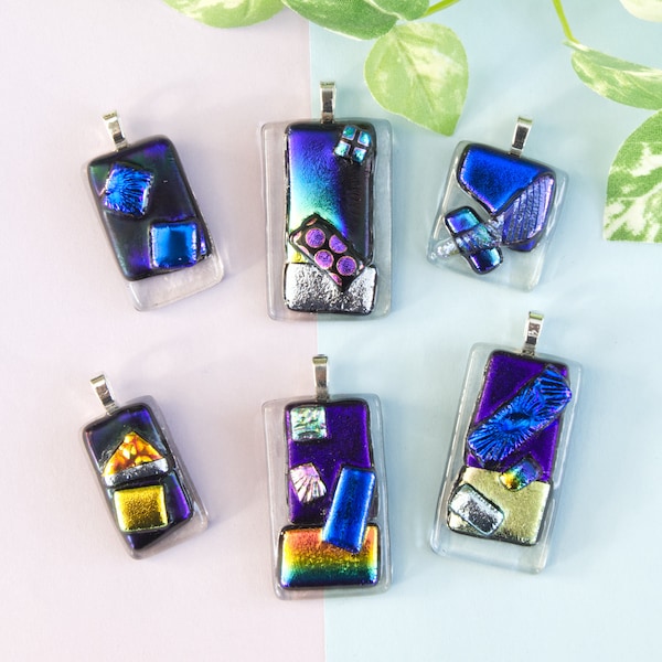 Blue and Purple Tack Fused Textured Dichroic Glass Pendants Colourful Glass Abstract Patterned Textured Necklace Multicoloured Jewellery