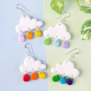 Rainbow Rain Cloud Polymer Clay Dangly Drop Earrings Cloud Jewellery Weather Gift Rainbow Earrings Raining Colourful Mother&#39;s Day Gift