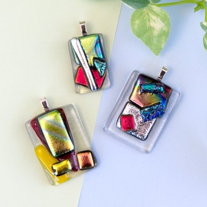 Tack Fused Textured Dichroic Glass Pendants Colourful Glass Pendant Abstract Patterned Textured Necklace Multicoloured Jewellery Rainbow