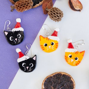 Cute Christmas Cat Dangly Painted Clay Earrings Cat Earrings Christmas Earrings Gift for Cat Lovers Secret Santa Gift Cat Jewellery Kittens