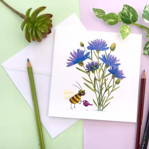 Abeille jardinière Carte de voeux vierge pour la fête des Mères Carte d'anniversaire abeille et bleuets Carte d'été fleurs sauvages Save the Bees