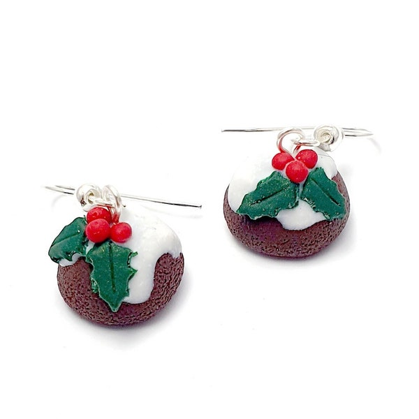 Boucle d'oreille de Noël pudding - christmas pudding - houx - gourmand - pâte polymere - fait main - miniature