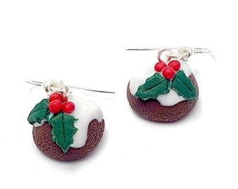 Christmas pudding earring - christmas pudding - holly - gourmand - polymer clay - handmade - miniature