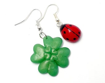 Lucky earring - ladybug and 4-leaf clover - polymer clay - handmade