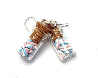 Boucle d'oreille fiole bonbon guimauve - bonbon gourmand - pâte polymere - fiole - miniature - shamallow - chamallow