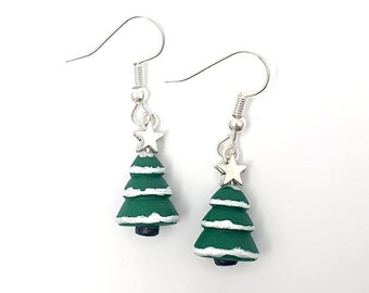 Christmas tree earring with silver star - polymer clay - handmade - miniature