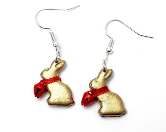 Boucles d'oreilles de Pâques - lapin - chocolat - or - idée cadeau - pâte polymère - miniature - fait main - original - clochette