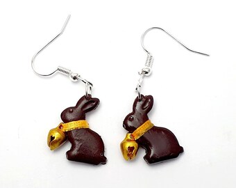 Easter earrings - rabbit - chocolate - gold - gift idea - polymer clay - miniature - handmade - original - bell